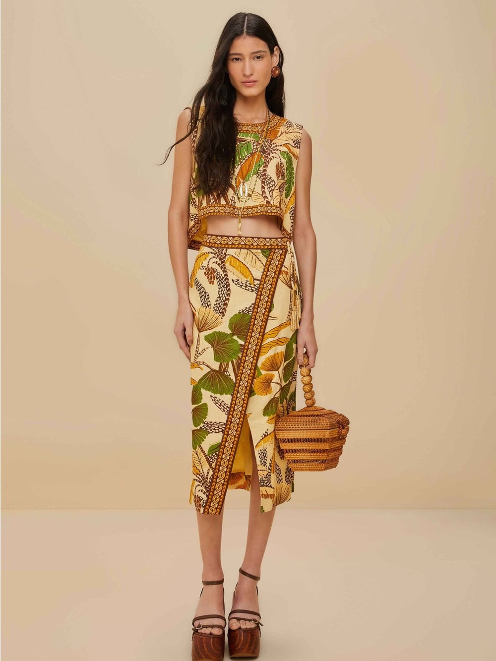 NWT FARM RIO Sand Foliage Sketch Midi Skirt